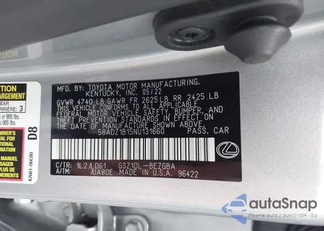 2022 Lexus Es 350 from USA, damaged, VIN 58ADZ1B15NU131660